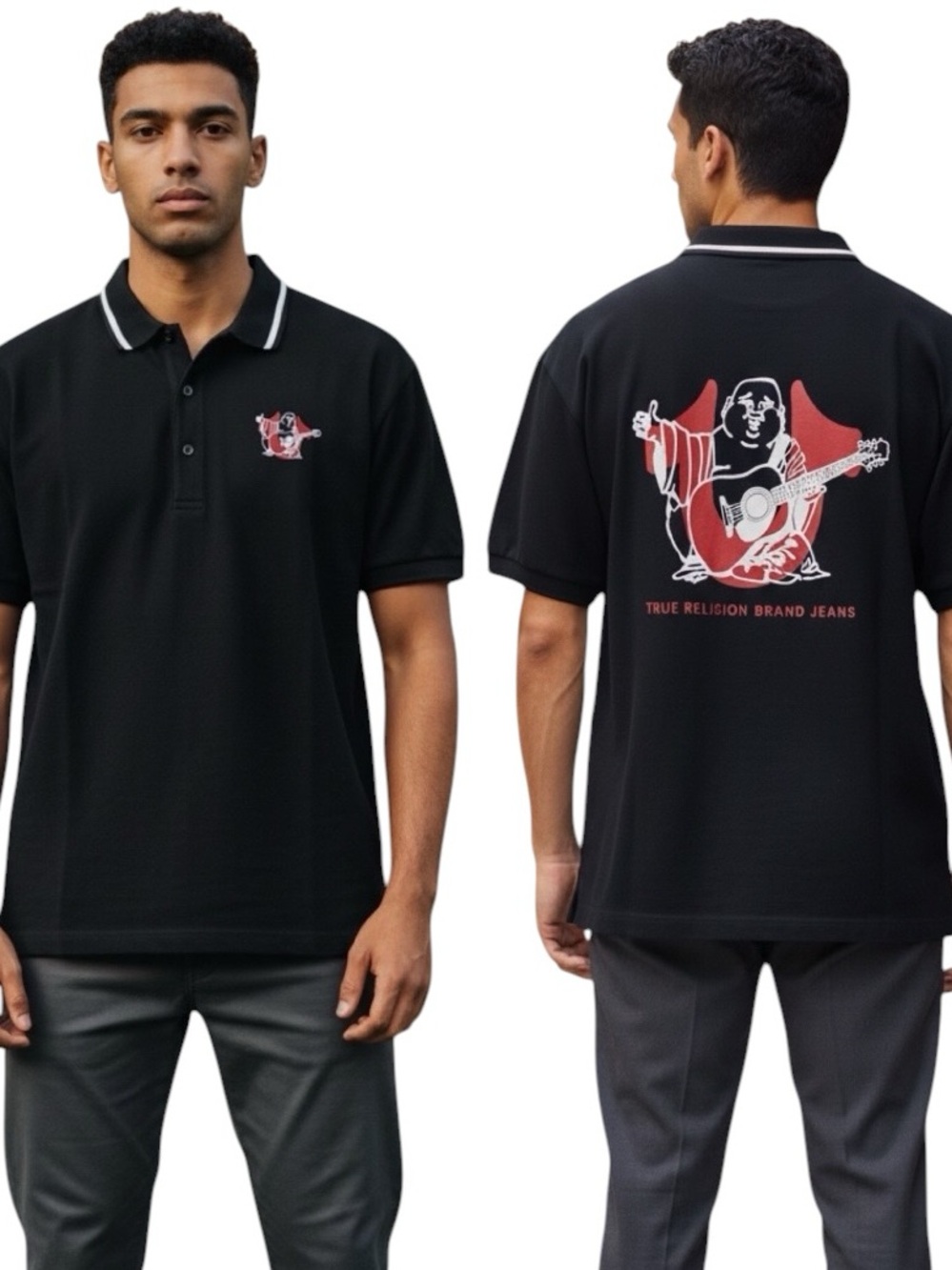 TRUE RELIGION Black Buddha Guitar Graphic Polo Shirt Size L